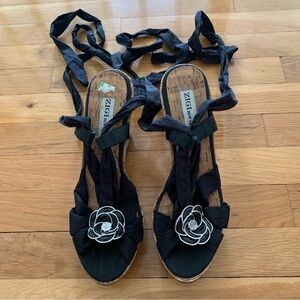 Zigi New York Black Satan Ankle Wrap Wedge Sandals with Silver Rosettes